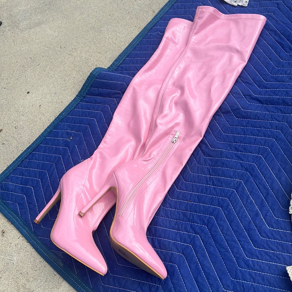 Pink leather, knee-high high heel boots